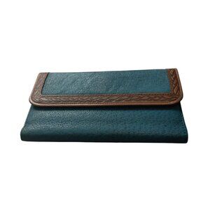Vintage Genuine Leather Blue Slim Trifold Wallet Brown Embossed Accent Classic